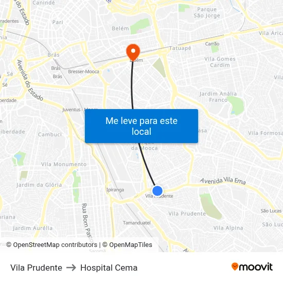 Vila Prudente to Hospital Cema map