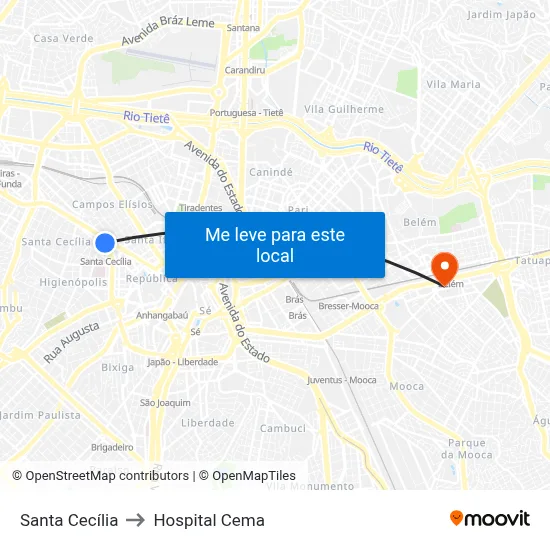 Santa Cecília to Hospital Cema map