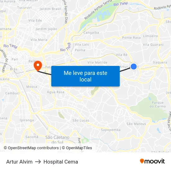 Artur Alvim to Hospital Cema map