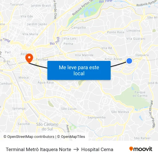 Terminal Metrô Itaquera Norte to Hospital Cema map