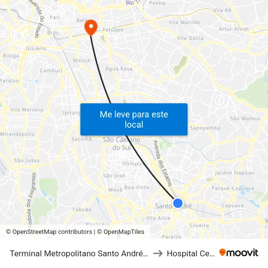 Terminal Metropolitano Santo André Oeste to Hospital Cema map