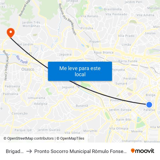 Brigadeiro to Pronto Socorro Municipal Rômulo Fonseca Guimarães map