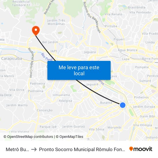 Metrô Butantã to Pronto Socorro Municipal Rômulo Fonseca Guimarães map