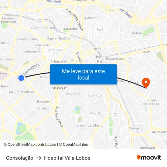 Consolação to Hospital Villa-Lobos map