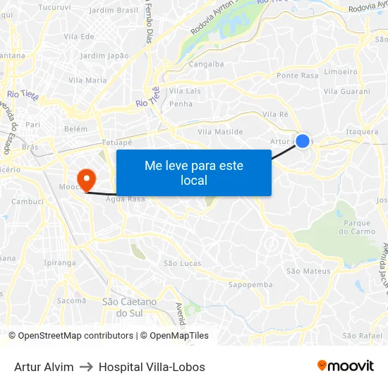 Artur Alvim to Hospital Villa-Lobos map