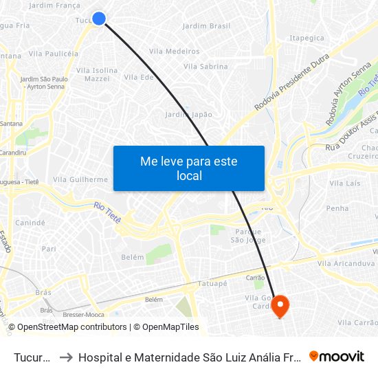 Tucuruvi to Hospital e Maternidade São Luiz Anália Franco map