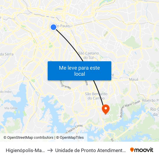 Higienópolis-Mackenzie to Unidade de Pronto Atendimento Montanhão map