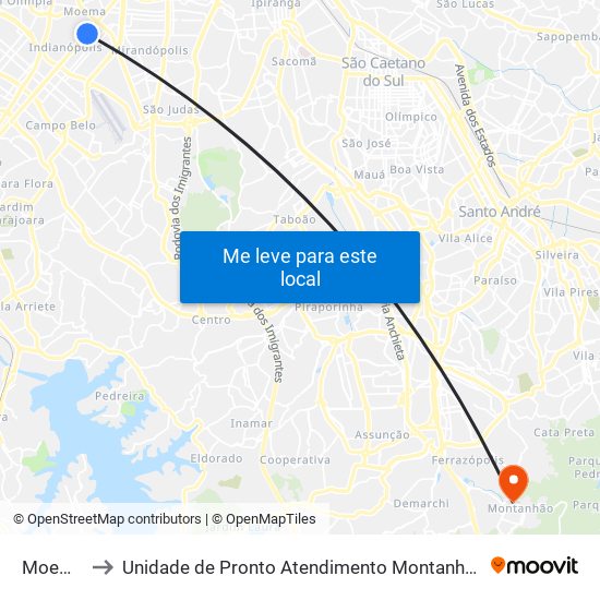 Moema to Unidade de Pronto Atendimento Montanhão map