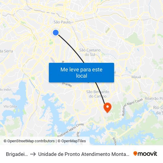 Brigadeiro to Unidade de Pronto Atendimento Montanhão map