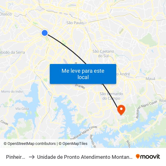 Pinheiros to Unidade de Pronto Atendimento Montanhão map