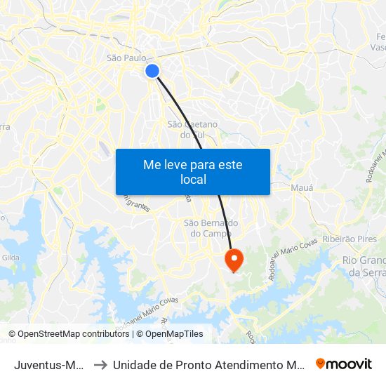 Juventus-Mooca to Unidade de Pronto Atendimento Montanhão map
