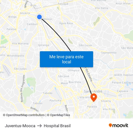 Juventus-Mooca to Hospital Brasil map