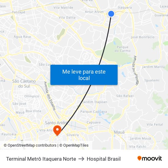 Terminal Metrô Itaquera Norte to Hospital Brasil map