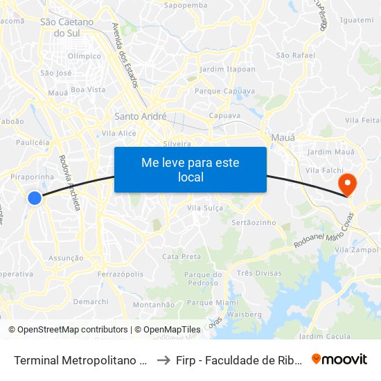Terminal Metropolitano Piraporinha to Firp - Faculdade de Ribeirão Pires map