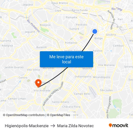 Higienópolis-Mackenzie to Maria Zilda Novotec map