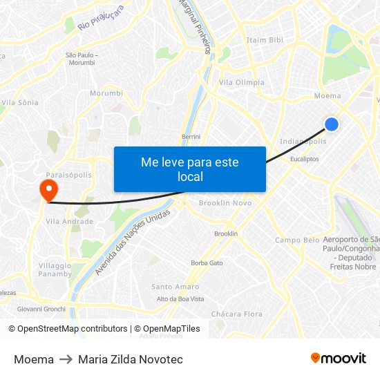 Moema to Maria Zilda Novotec map