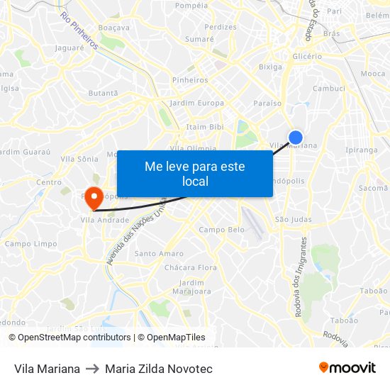 Vila Mariana to Maria Zilda Novotec map