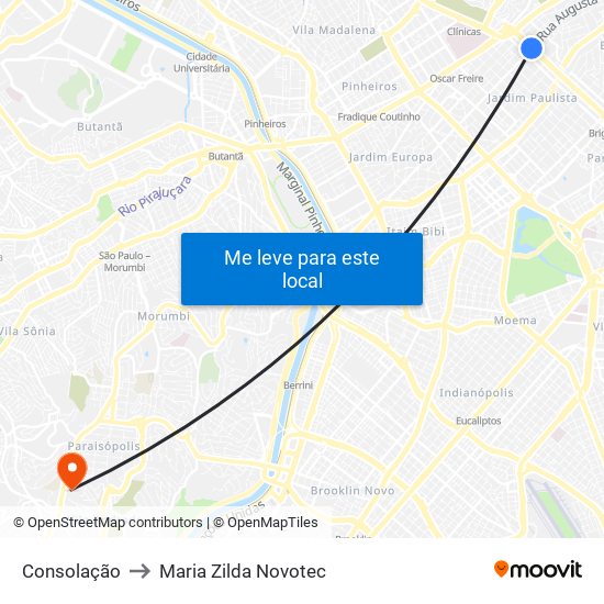 Consolação to Maria Zilda Novotec map