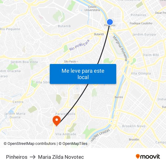 Pinheiros to Maria Zilda Novotec map