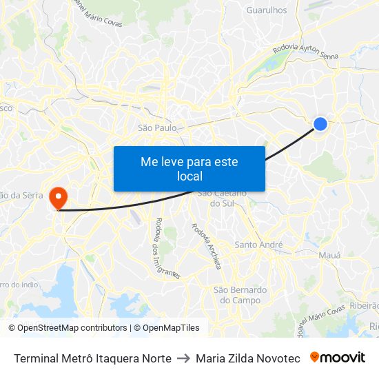 Terminal Metrô Itaquera Norte to Maria Zilda Novotec map