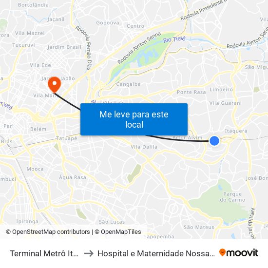 Terminal Metrô Itaquera Norte to Hospital e Maternidade Nossa Senhora do Rosário map