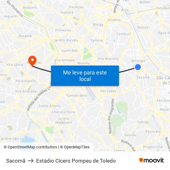 Sacomã to Estádio Cícero Pompeu de Toledo map