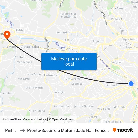 Pinheiros to Pronto-Socorro e Maternidade Nair Fonseca Leitão Arantes map