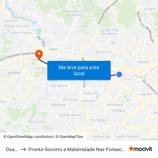 Osasco to Pronto-Socorro e Maternidade Nair Fonseca Leitão Arantes map