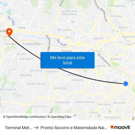 Terminal Metrô Butantã to Pronto-Socorro e Maternidade Nair Fonseca Leitão Arantes map