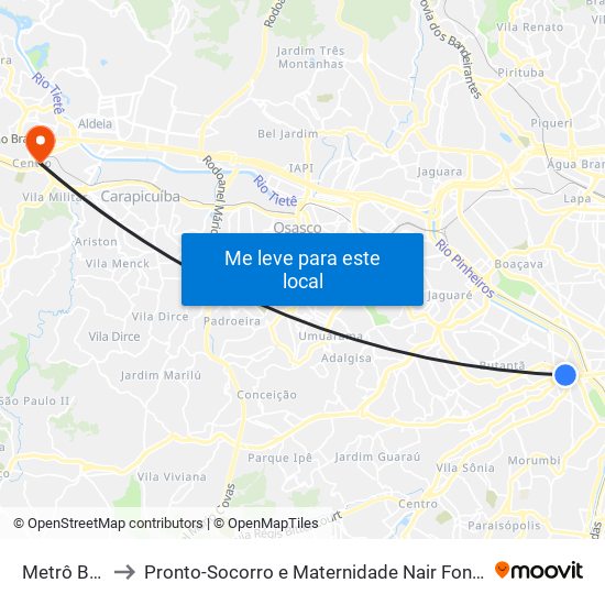 Metrô Butantã to Pronto-Socorro e Maternidade Nair Fonseca Leitão Arantes map