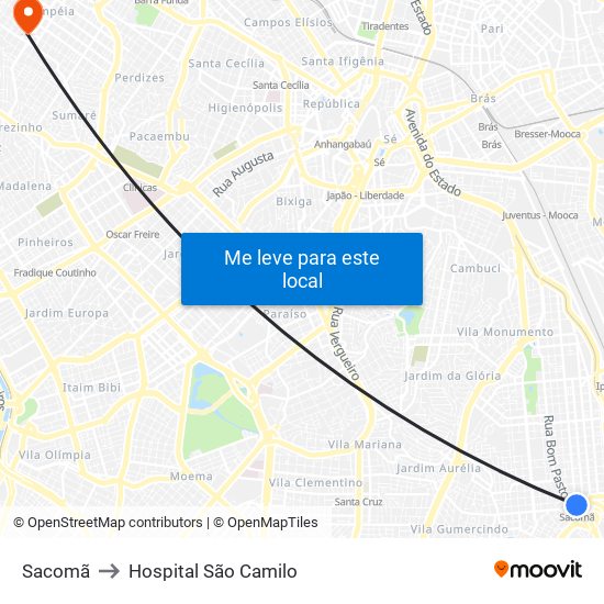 Sacomã to Hospital São Camilo map