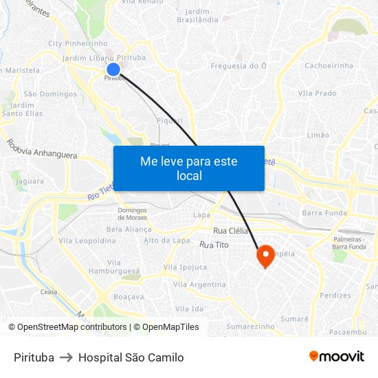 Pirituba to Hospital São Camilo map