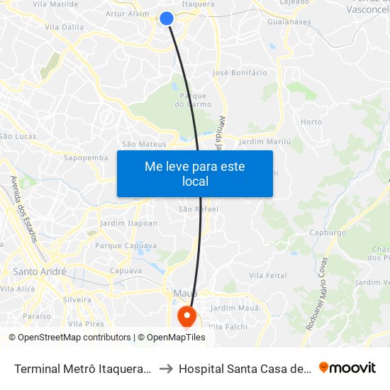 Terminal Metrô Itaquera Norte to Hospital Santa Casa de Mauá map