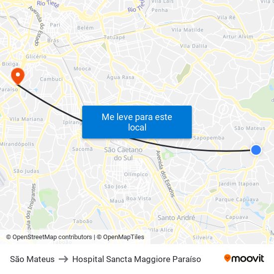 São Mateus to Hospital Sancta Maggiore Paraíso map