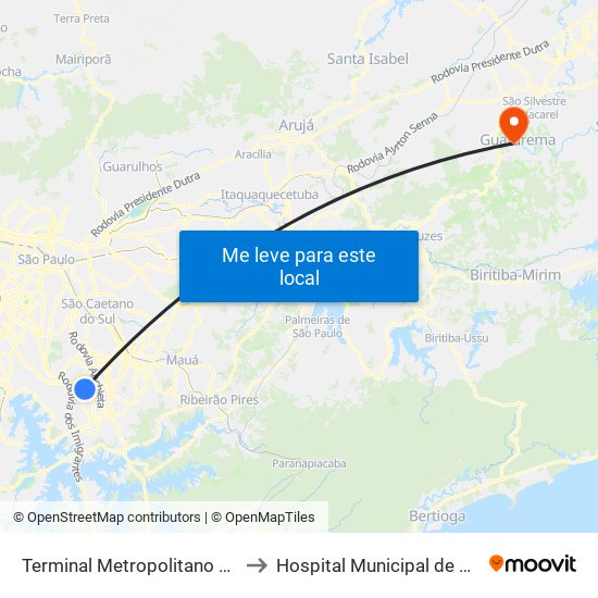 Terminal Metropolitano Piraporinha to Hospital Municipal de Guararema map