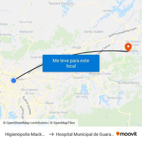 Higienópolis-Mackenzie to Hospital Municipal de Guararema map