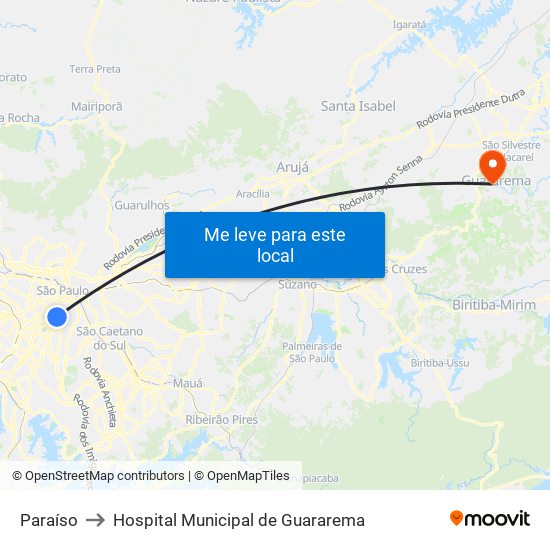 Paraíso to Hospital Municipal de Guararema map