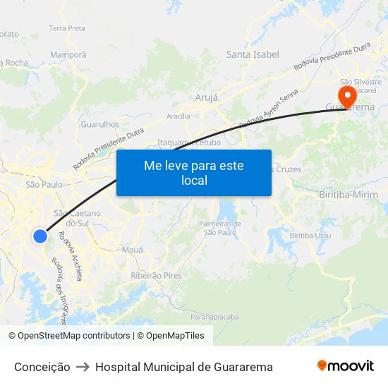 Conceição to Hospital Municipal de Guararema map