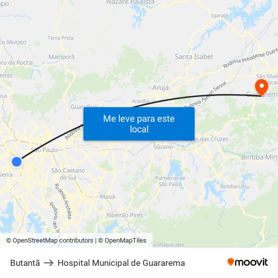 Butantã to Hospital Municipal de Guararema map