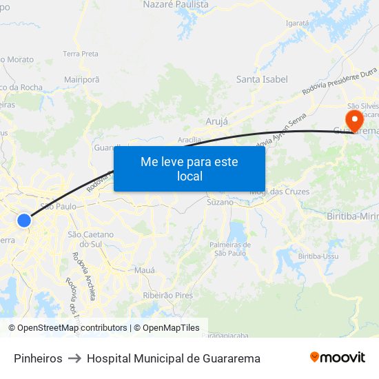 Pinheiros to Hospital Municipal de Guararema map