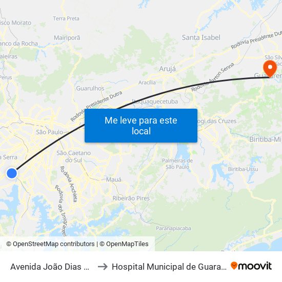 Avenida João Dias 2841 to Hospital Municipal de Guararema map