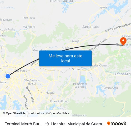 Terminal Metrô Butantã to Hospital Municipal de Guararema map