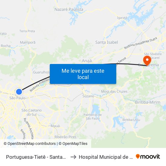 Portuguesa-Tietê - Santana, São Paulo to Hospital Municipal de Guararema map