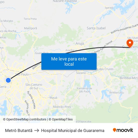 Metrô Butantã to Hospital Municipal de Guararema map