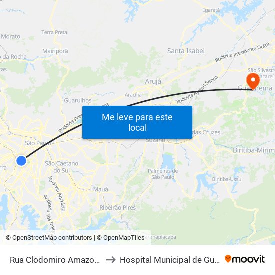 Rua Clodomiro Amazonas 221 to Hospital Municipal de Guararema map