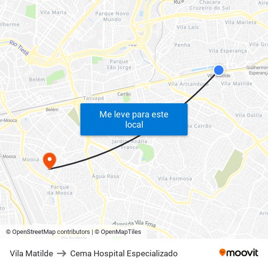 Vila Matilde to Cema Hospital Especializado map