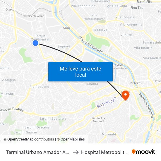 Terminal Urbano Amador Aguiar (Vila Yara) to Hospital Metropolitano Butantã map