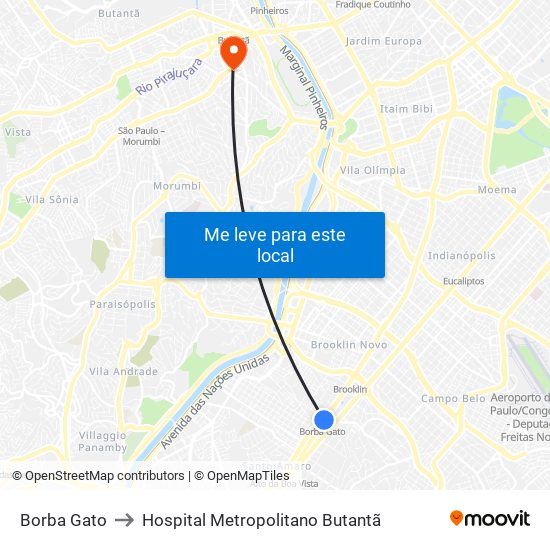 Borba Gato to Hospital Metropolitano Butantã map