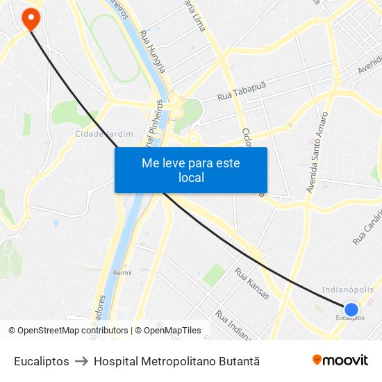 Eucaliptos to Hospital Metropolitano Butantã map