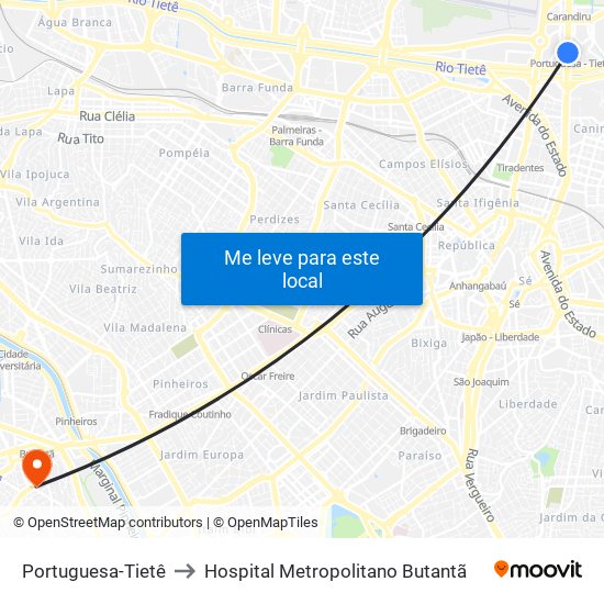 Portuguesa-Tietê to Hospital Metropolitano Butantã map